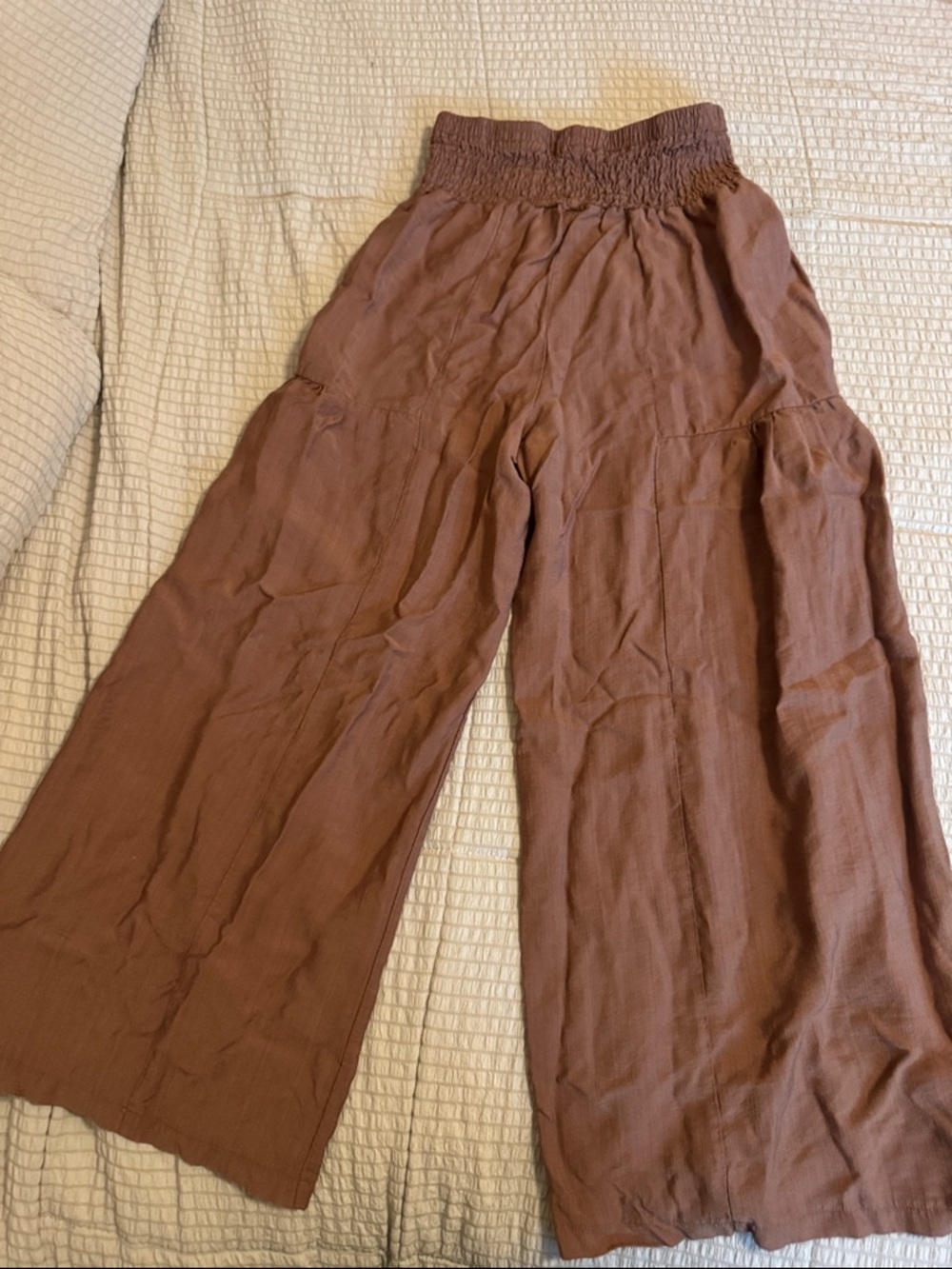 Wide Leg Smocked Waist Pants - Rust Brown